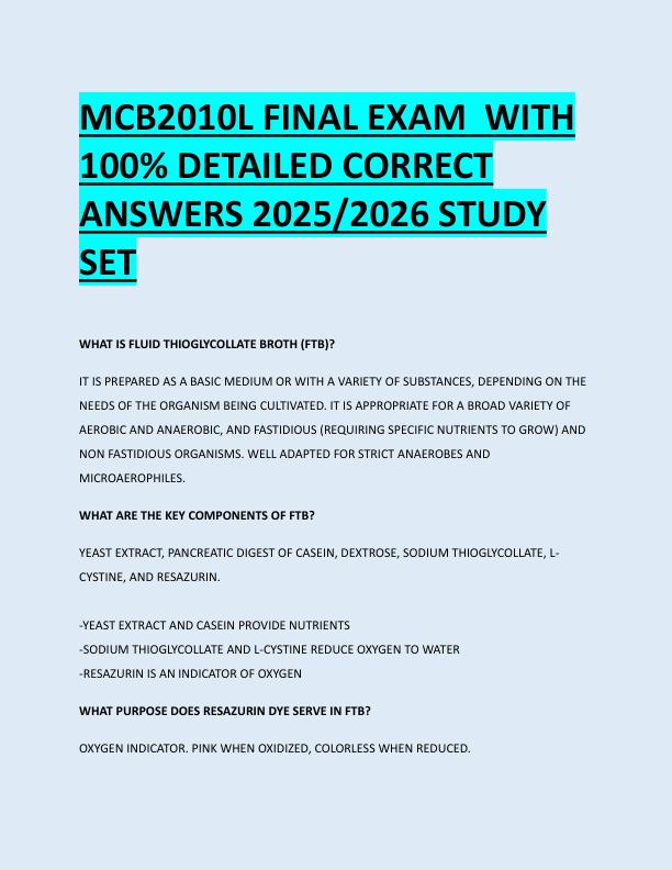MCB2010L FINAL EXAM  WITH  100% DETAILED CORRECT  ANSWERS 2025/2026 STUDY  SET MCB2010L FINAL EXAM  WITH  100% DETAILED CORRECT  ANSWERS 2025/2026 STUDY  SET 