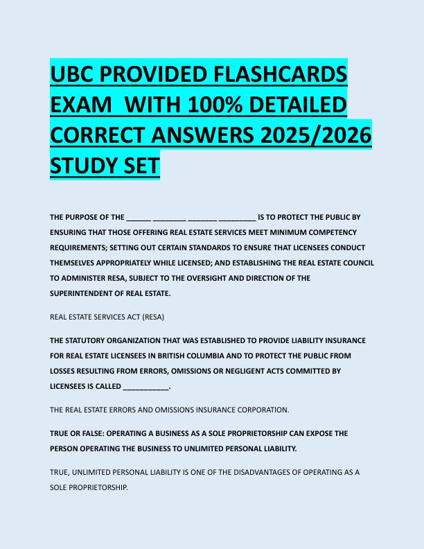 UBC PROVIDED FLASHCARDS  EXAM  WITH 100% DETAILED  CORRECT ANSWERS 2025/2026  STUDY SET 