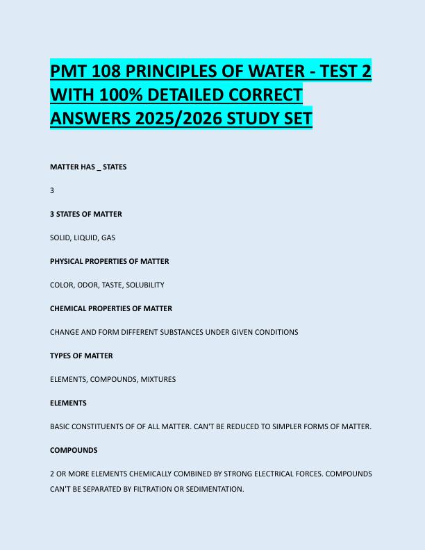 PMT 108 PRINCIPLES OF WATER - TEST 2  WITH 100% DETAILED CORRECT  ANSWERS 2025/2026 STUDY SET 