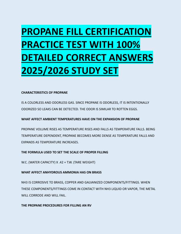 PROPANE FILL CERTIFICATION  PRACTICE TEST WITH 100%  DETAILED CORRECT ANSWERS  2025/2026 STUDY SET 