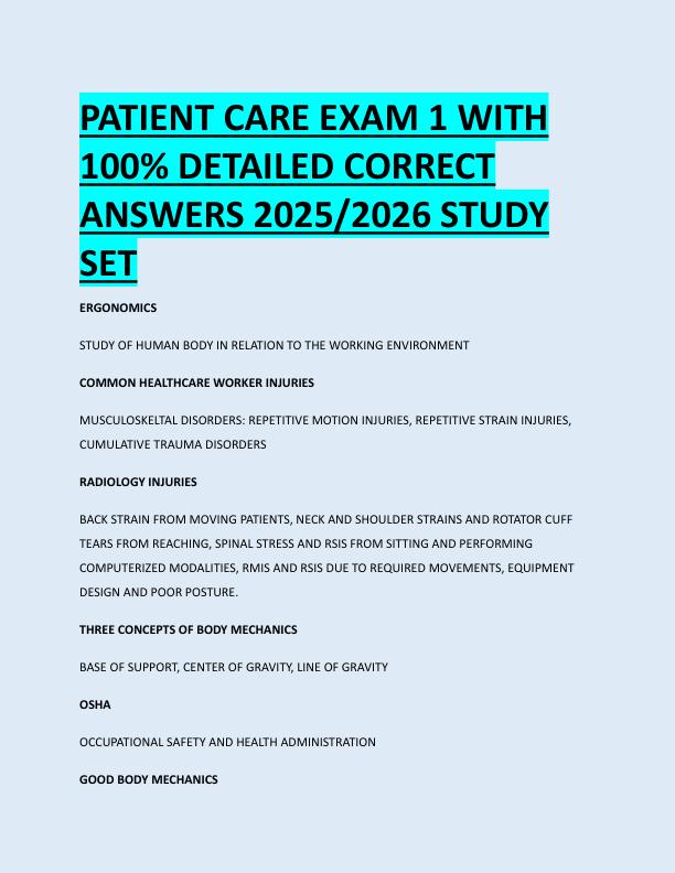 PATIENT CARE EXAM 1 WITH  100% DETAILED CORRECT  ANSWERS 2025/2026 STUDY  SET 