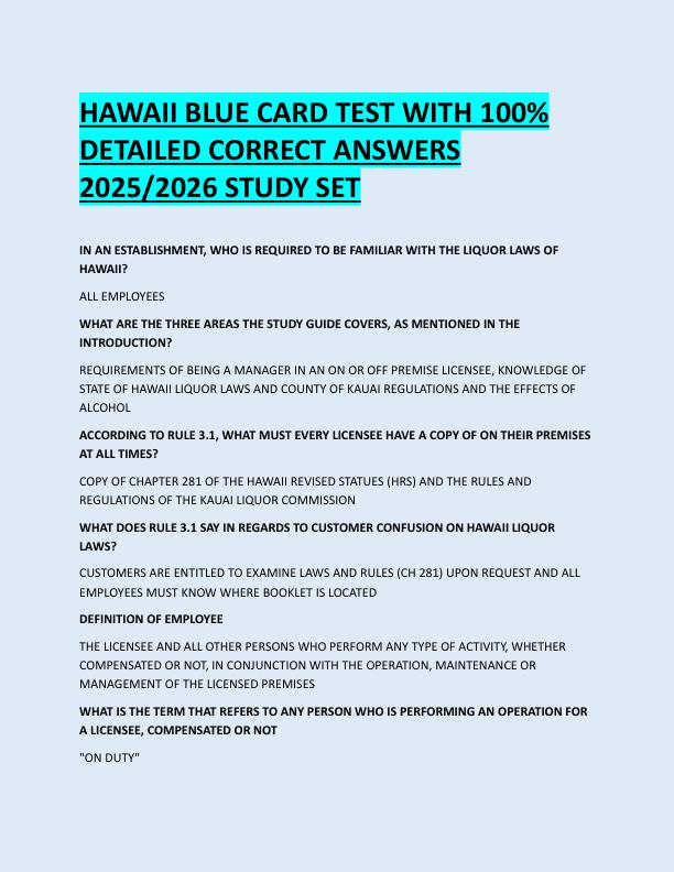 HAWAII BLUE CARD TEST WITH 100%  DETAILED CORRECT ANSWERS  2025/2026 STUDY SET 