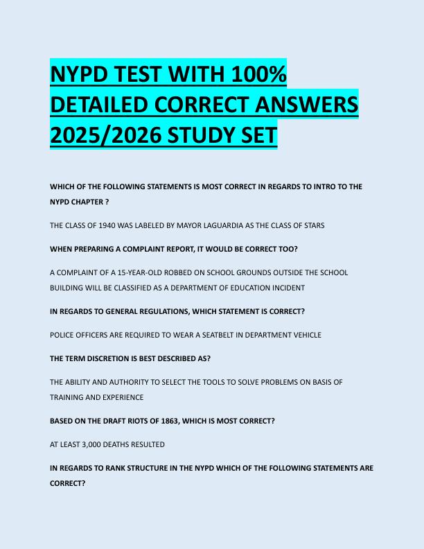 NYPD TEST WITH 100%  DETAILED CORRECT ANSWERS  2025/2026 STUDY SET 