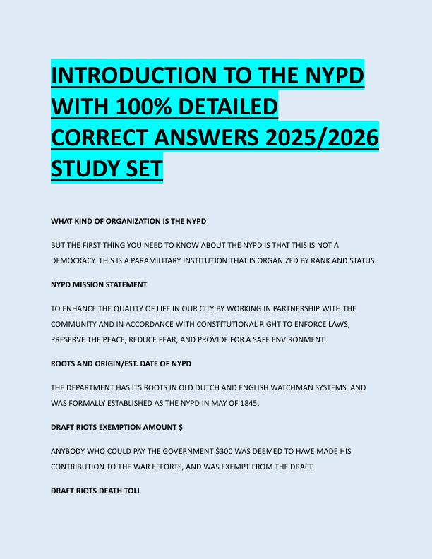 INTRODUCTION TO THE NYPD  WITH 100% DETAILED  CORRECT ANSWERS 2025/2026  STUDY SET 