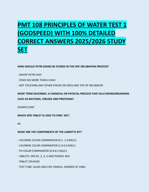 PMT 108 PRINCIPLES OF WATER TEST 1  (GODSPEED) WITH 100% DETAILED  CORRECT ANSWERS 2025/2026 STUDY  SET 