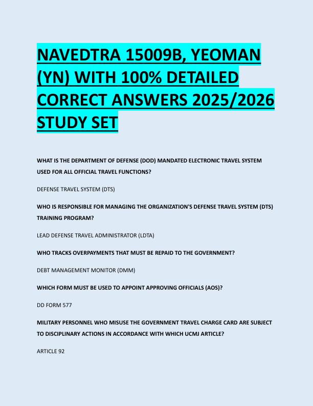 NAVEDTRA 15009B, YEOMAN  (YN) WITH 100% DETAILED  CORRECT ANSWERS 2025/2026  STUDY SET 