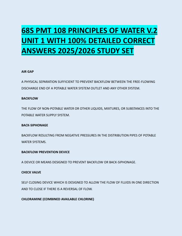 68S PMT 108 PRINCIPLES OF WATER V.2  UNIT 1 WITH 100% DETAILED CORRECT  ANSWERS 2025/2026 STUDY SET 