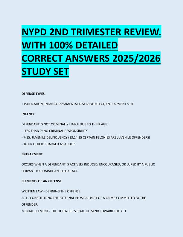 NYPD 2ND TRIMESTER REVIEW.  WITH 100% DETAILED  CORRECT ANSWERS 2025/2026  STUDY SET 