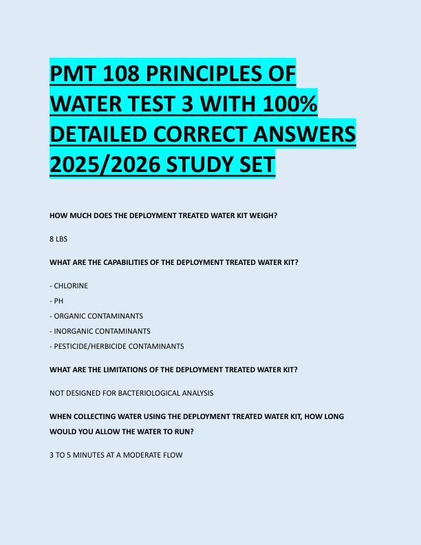 PMT 108 PRINCIPLES OF  WATER TEST 3 WITH 100%  DETAILED CORRECT ANSWERS  2025/2026 STUDY SET 