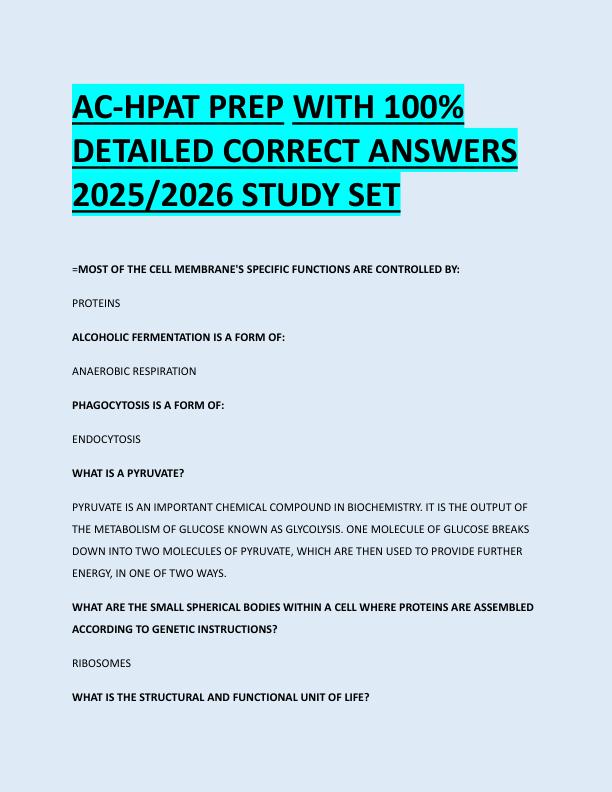 AC-HPAT PREP WITH 100%  DETAILED CORRECT ANSWERS  2025/2026 STUDY SET 