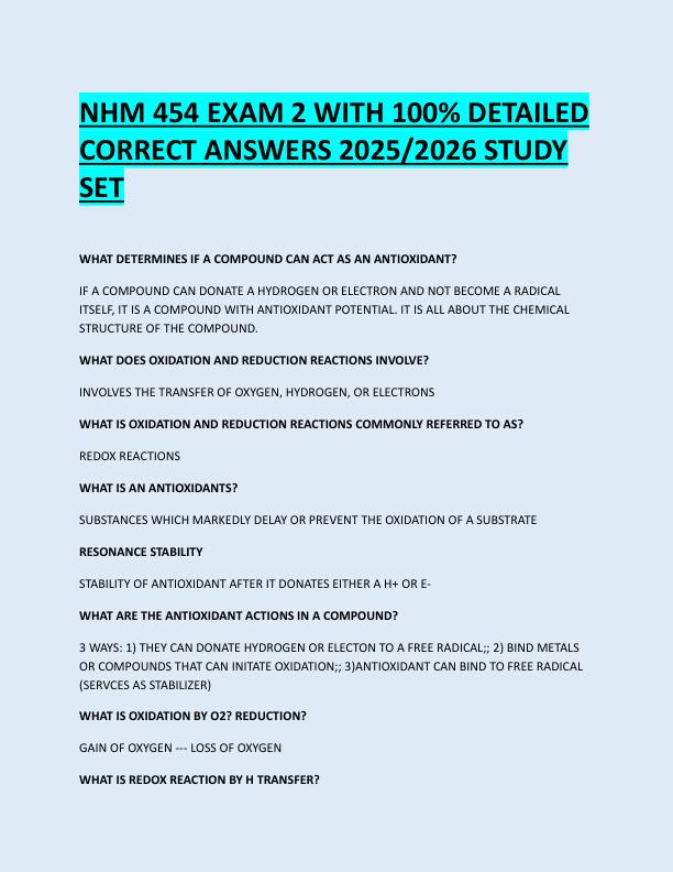 NHM 454 EXAM 2 WITH 100% DETAILED  CORRECT ANSWERS 2025/2026 STUDY  SET 