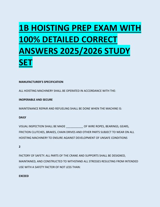 1B HOISTING PREP EXAM WITH  100% DETAILED CORRECT  ANSWERS 2025/2026 STUDY  SET 
