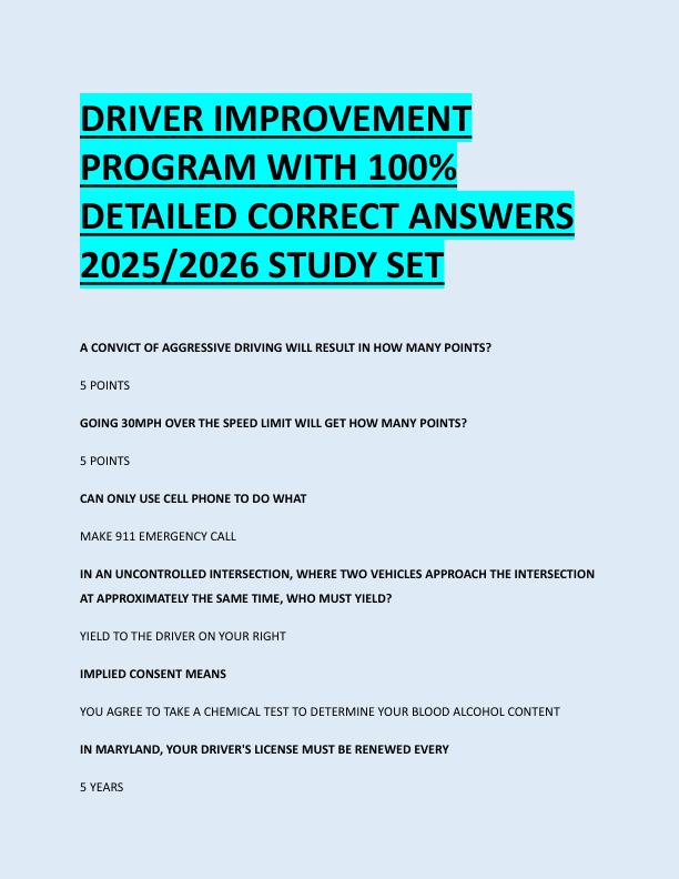 DRIVER IMPROVEMENT  PROGRAM WITH 100%  DETAILED CORRECT ANSWERS  2025/2026 STUDY SET 