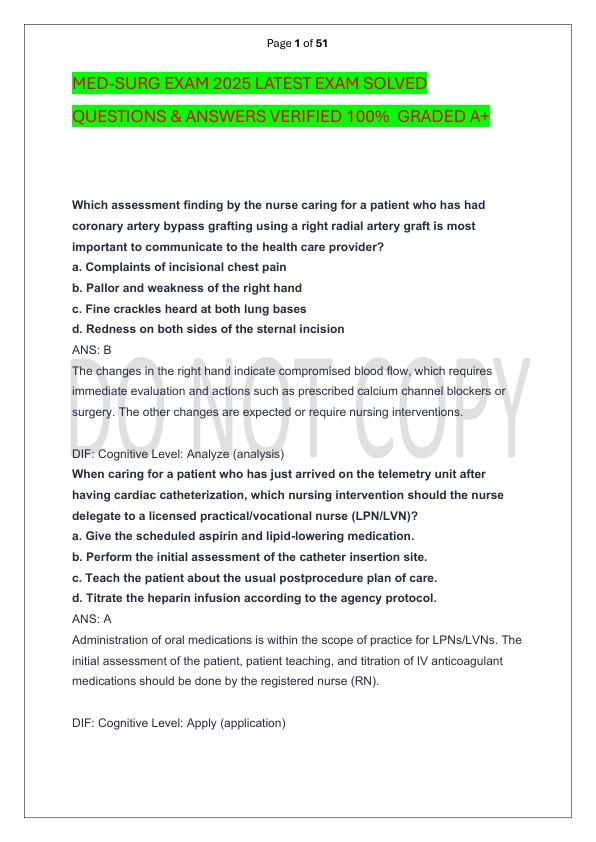 MED-SURG EXAM 2025 LATEST EXAM SOLVED  QUESTIONS & ANSWERS VERIFIED 100%  GRADED A+