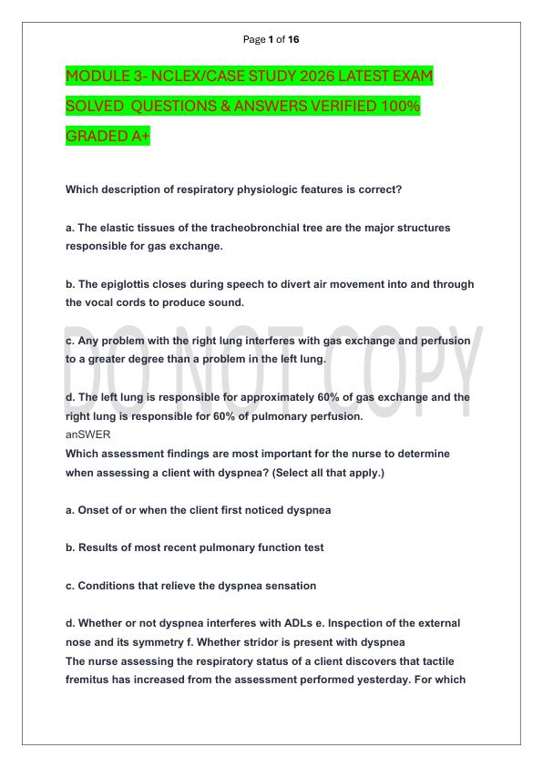MODULE 3- NCLEX CASE STUDY 2026 LATEST EXAM SOLVED  QUESTIONS & ANSWERS VERIFIED 100%  GRADED A+