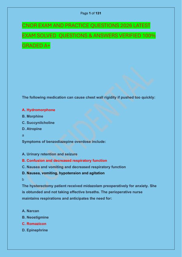 CNOR EXAM AND PRACTICE QUESTIONS 2026 LATEST EXAM SOLVED  QUESTIONS & ANSWERS VERIFIED 100%  GRADED A+