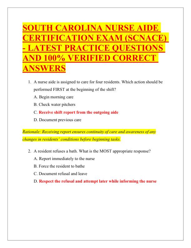 SOUTH CAROLINA NURSE AIDE CERTIFICATION EXAM (SCNACE) - LATEST PRACTICE QUESTIONS AND 100% VERIFIED CORRECT ANSWERS