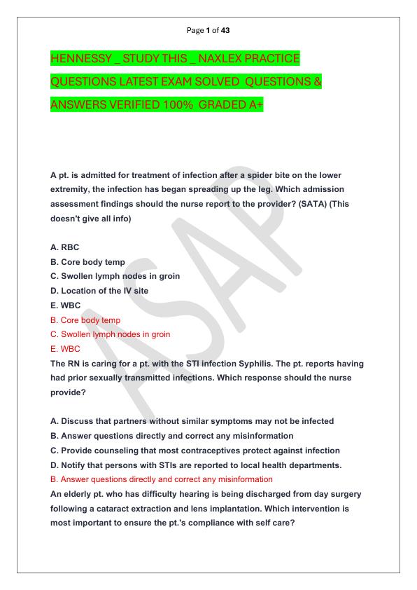 HENNESSY _ STUDY THIS _ NAXLEX PRACTICE QUESTIONS LATEST EXAM SOLVED  QUESTIONS & ANSWERS VERIFIED 100%  GRADED A+