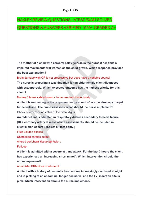 NAXLEX REVIEW QUESTIONS LATEST EXAM SOLVED  QUESTIONS & ANSWERS VERIFIED 100%  GRADED A+