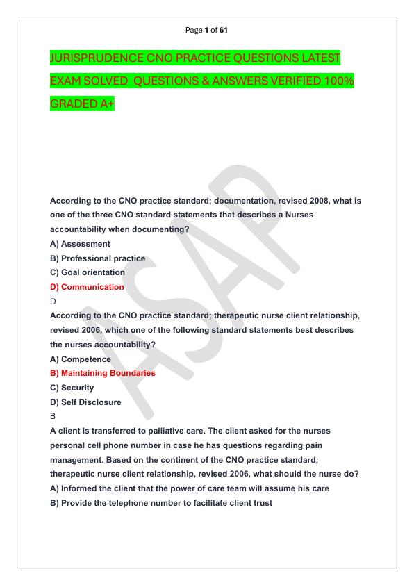 JURISPRUDENCE CNO PRACTICE QUESTIONS LATEST EXAM SOLVED  QUESTIONS & ANSWERS VERIFIED 100%  GRADED A+