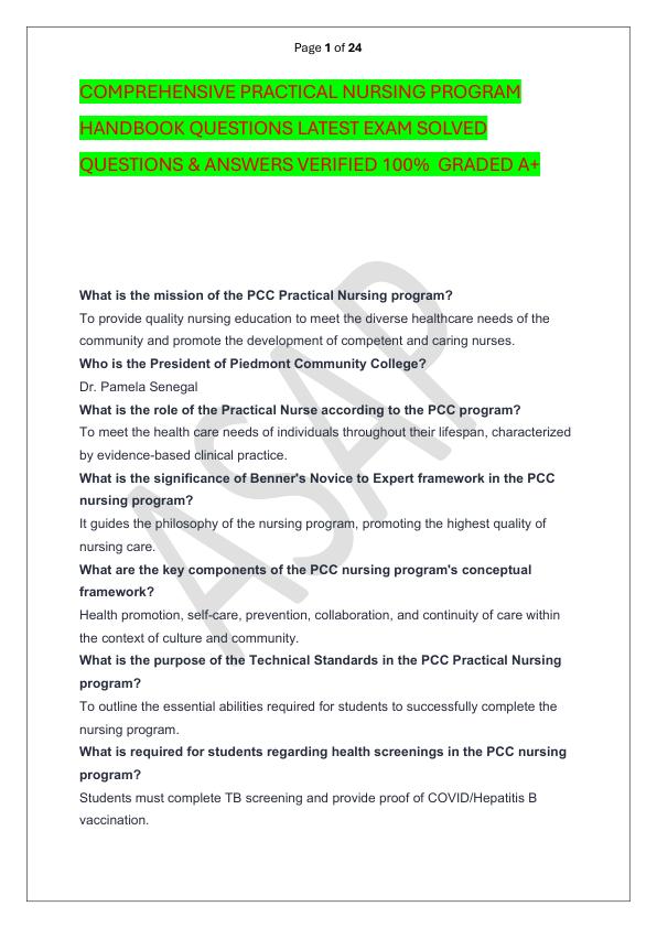 COMPREHENSIVE PRACTICAL NURSING PROGRAM HANDBOOK QUESTIONS LATEST EXAM SOLVED  QUESTIONS & ANSWERS VERIFIED 100%  GRADED A+