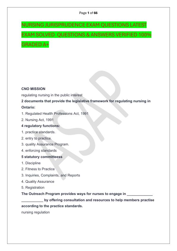 NURSING JURISPRUDENCE EXAM QUESTIONS LATEST EXAM SOLVED  QUESTIONS & ANSWERS VERIFIED 100%  GRADED A+