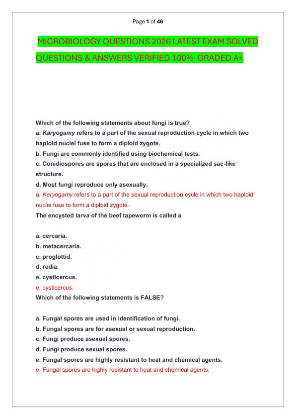 MICROBIOLOGY QUESTIONS 2026 LATEST EXAM SOLVED  QUESTIONS & ANSWERS VERIFIED 100%  GRADED A+