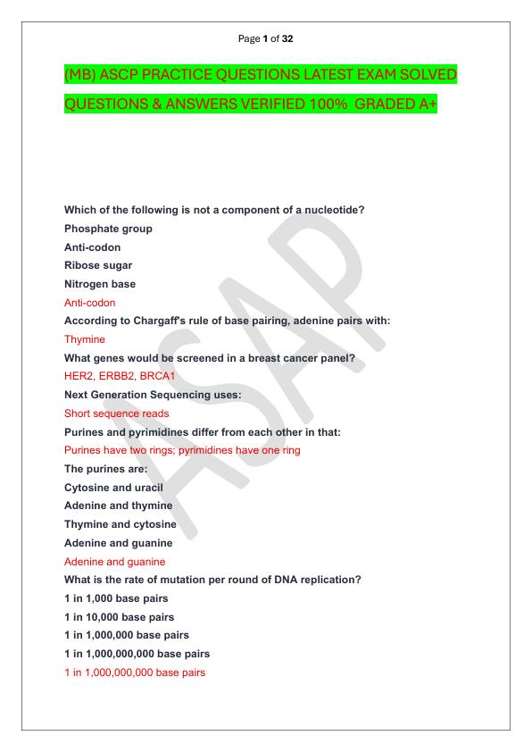 (MB) ASCP PRACTICE QUESTIONS LATEST EXAM SOLVED  QUESTIONS & ANSWERS VERIFIED 100%  GRADED A+