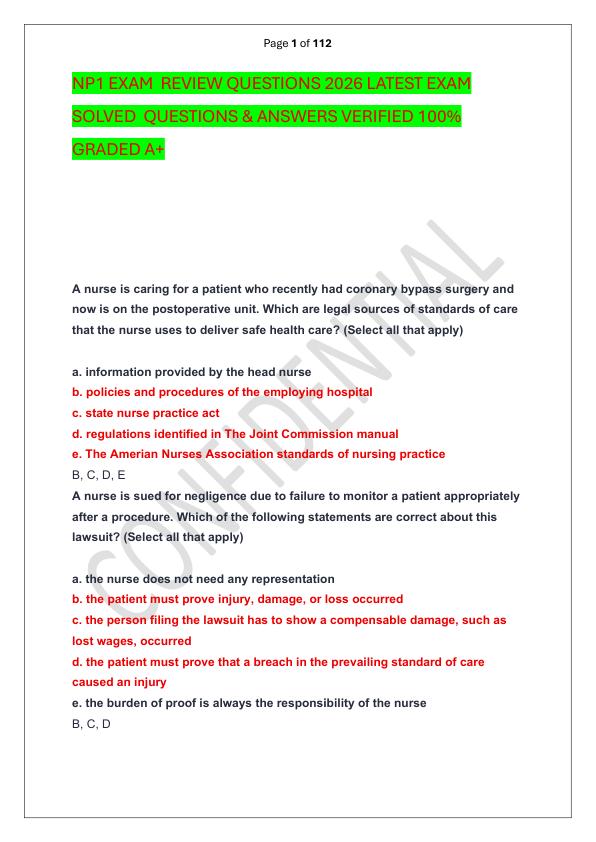 NP1 EXAM  REVIEW QUESTIONS 2026 LATEST EXAM SOLVED  QUESTIONS & ANSWERS VERIFIED 100%  GRADED A+