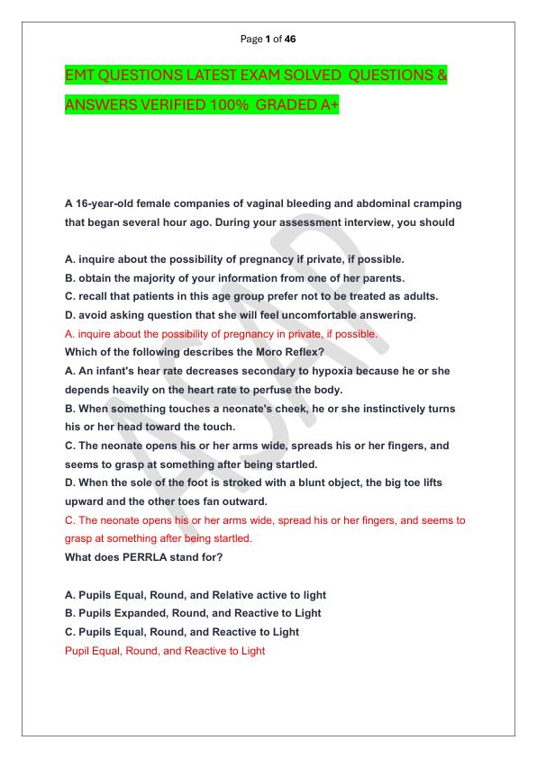EMT QUESTIONS LATEST EXAM SOLVED  QUESTIONS & ANSWERS VERIFIED 100%  GRADED A+