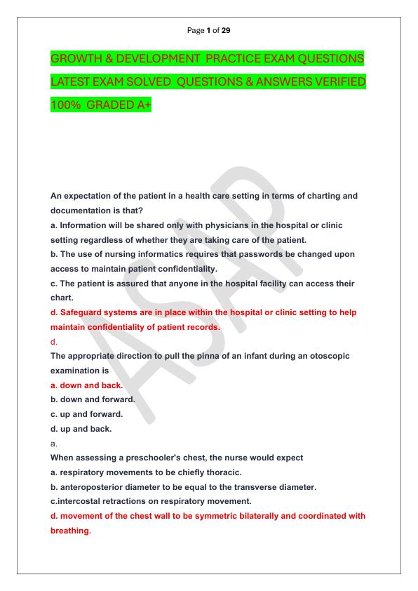 GROWTH & DEVELOPMENT  PRACTICE EXAM QUESTIONS LATEST EXAM SOLVED  QUESTIONS & ANSWERS VERIFIED 100%  GRADED A+