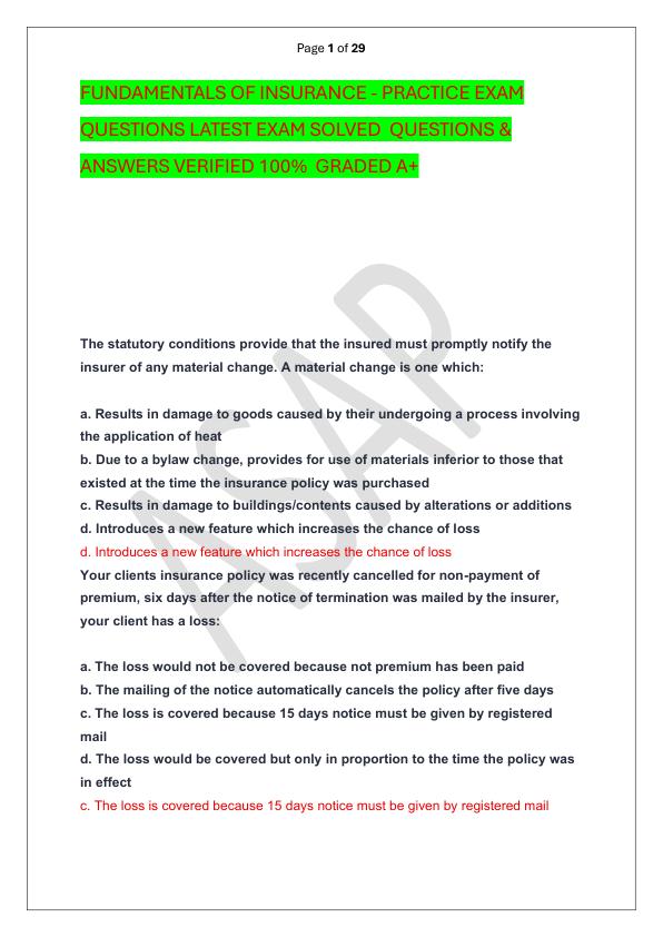 FUNDAMENTALS OF INSURANCE - PRACTICE EXAM QUESTIONS LATEST EXAM SOLVED  QUESTIONS & ANSWERS VERIFIED 100%  GRADED A+