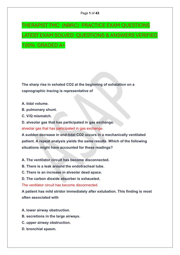 THERAPIST TMC  (NBRC)  PRACTICE EXAM QUESTIONS LATEST EXAM SOLVED  QUESTIONS & ANSWERS VERIFIED 100%  GRADED A+