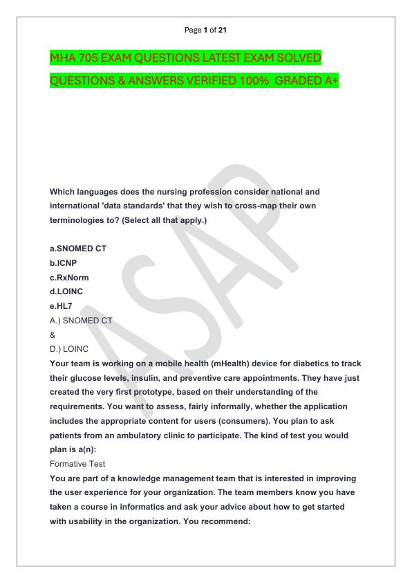 MHA 705 EXAM QUESTIONS LATEST EXAM SOLVED  QUESTIONS & ANSWERS VERIFIED 100%  GRADED A+
