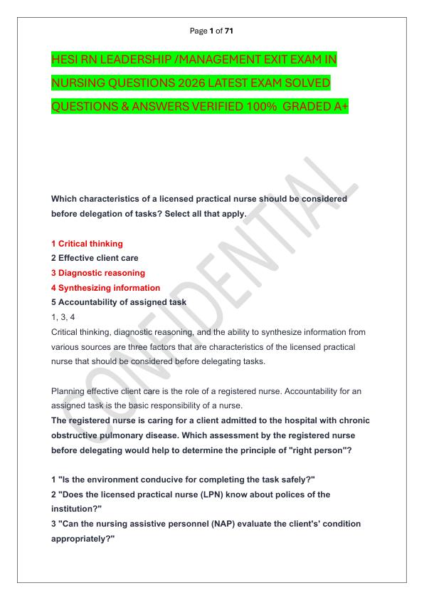 HESI RN LEADERSHIP MANAGEMENT EXIT EXAM IN NURSING QUESTIONS 2026 LATEST EXAM SOLVED  QUESTIONS & ANSWERS VERIFIED 100%  GRADED A+