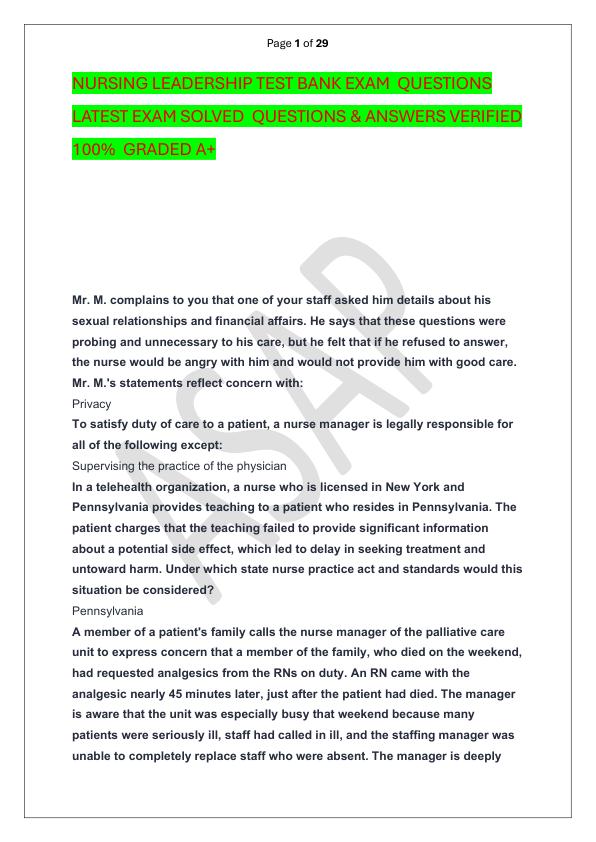 NURSING LEADERSHIP TEST BANK EXAM  QUESTIONS LATEST EXAM SOLVED  QUESTIONS & ANSWERS VERIFIED 100%  GRADED A+
