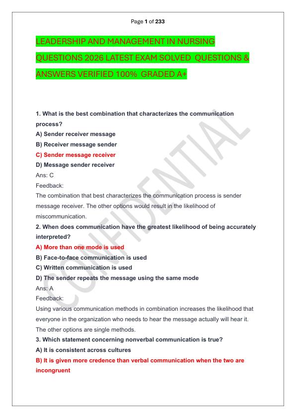 LEADERSHIP AND MANAGEMENT IN NURSING QUESTIONS 2026 LATEST EXAM SOLVED  QUESTIONS & ANSWERS VERIFIED 100%  GRADED A+