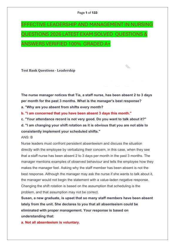 EFFECTIVE LEADERSHIP AND MANAGEMENT IN NURSING QUESTIONS 2026 LATEST EXAM SOLVED  QUESTIONS & ANSWERS VERIFIED 100%  GADED A+