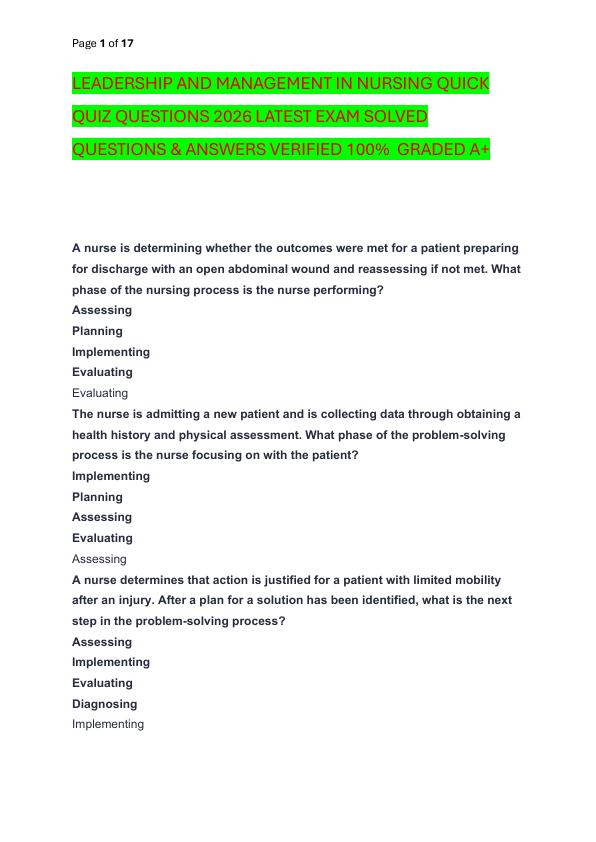 LEADERSHIP AND MANAGEMENT IN NURSING QUICK QUIZ QUESTIONS 2026 LATEST EXAM SOLVED  QUESTIONS & ANSWERS VERIFIED 100%  GRADED A+