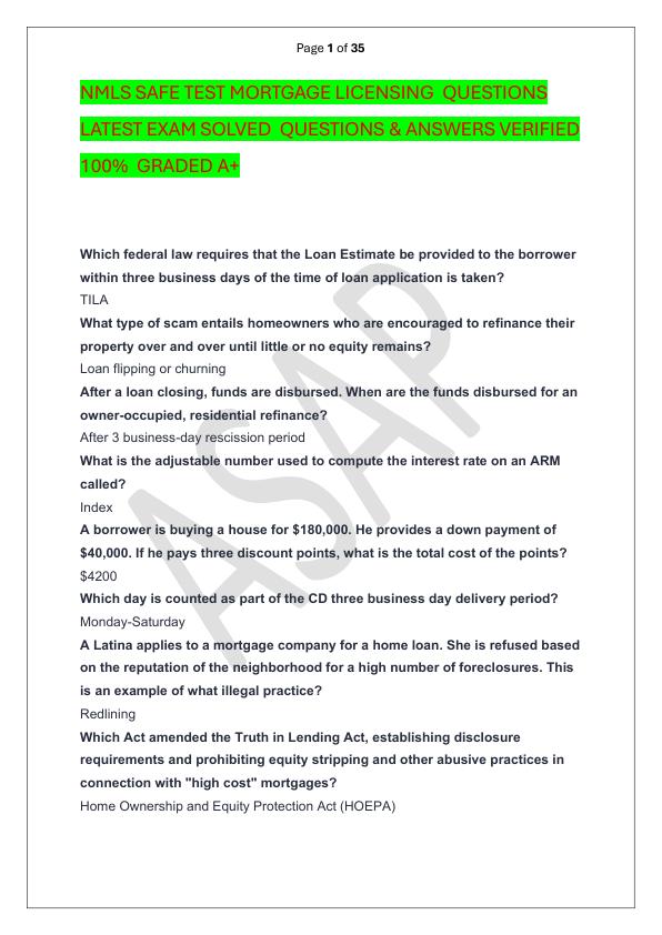 NMLS SAFE TEST MORTGAGE LICENSING  QUESTIONS LATEST EXAM SOLVED  QUESTIONS & ANSWERS VERIFIED 100%  GRADED A+