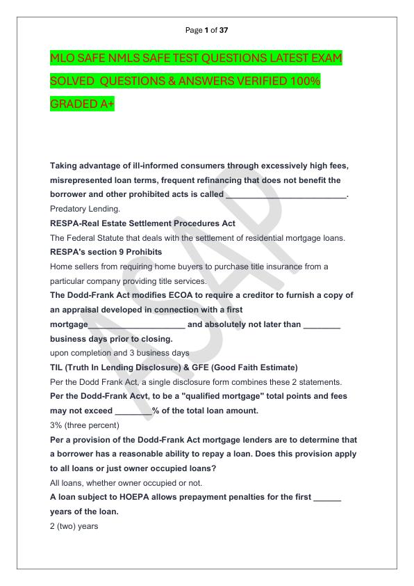 MLO SAFE NMLS SAFE TEST QUESTIONS LATEST EXAM SOLVED  QUESTIONS & ANSWERS VERIFIED 100%  GRADED A+