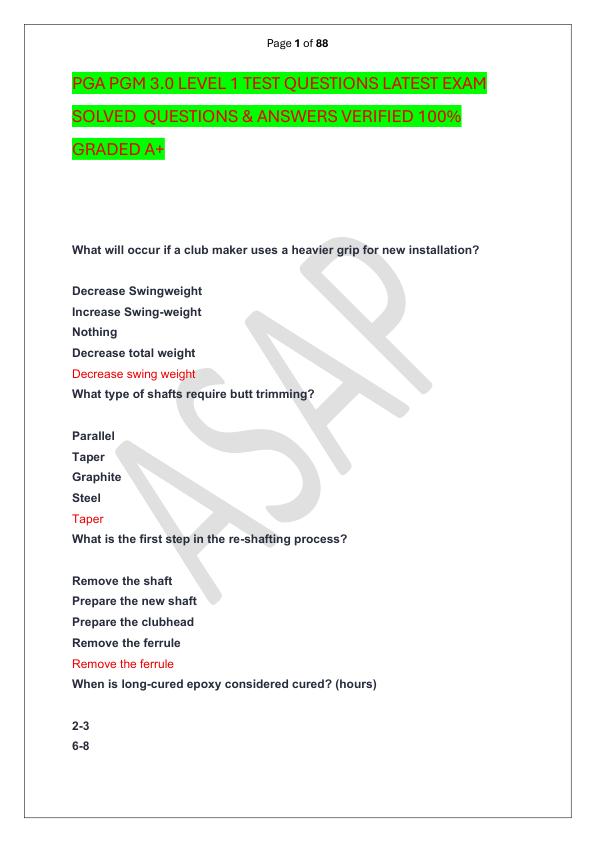 PGA PGM 3.0 LEVEL 1 TEST QUESTIONS LATEST EXAM SOLVED  QUESTIONS & ANSWERS VERIFIED 100%  GRADED A+