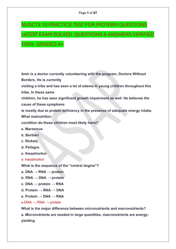 NUSCTX 10 PRACTICE TEST FOR MIDTERM QUESTIONS LATEST EXAM SOLVED  QUESTIONS & ANSWERS VERIFIED 100%  GRADED A+