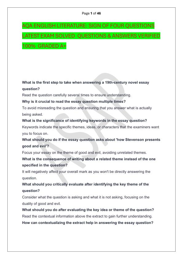 AQA ENGLISH LITERATURE SIGN OF FOUR QUESTIONS LATEST EXAM SOLVED  QUESTIONS & ANSWERS VERIFIED 100%  GRADED A+