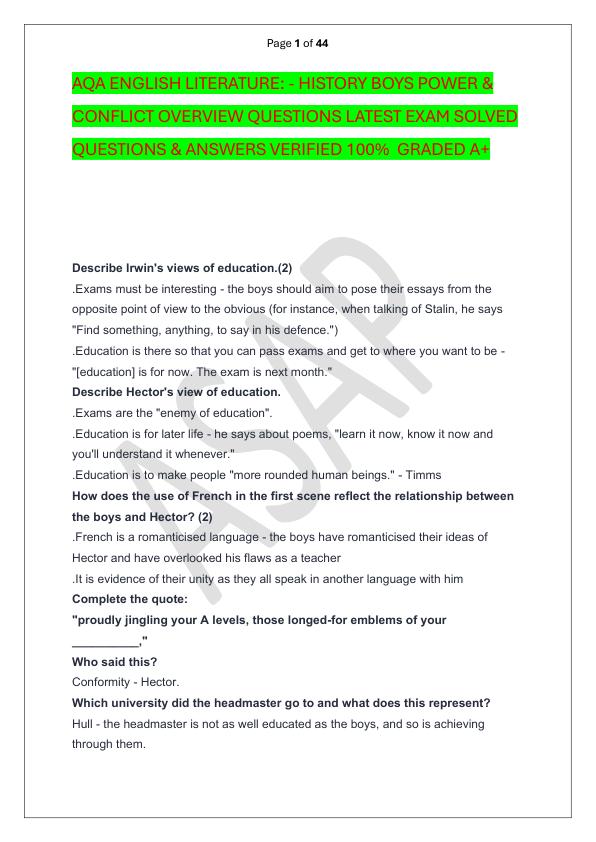 AQA ENGLISH LITERATURE- HISTORY BOYS POWER & CONFLICT OVERVIEW QUESTIONS LATEST EXAM SOLVED  QUESTIONS & ANSWERS VERIFIED 100%  GRADED A+