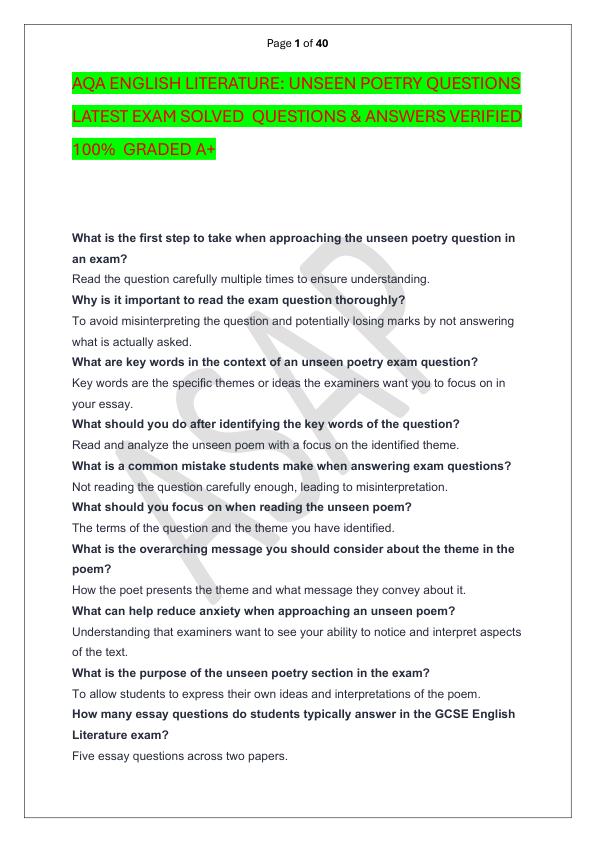 AQA ENGLISH LITERATURE UNSEEN POETRY QUESTIONS LATEST EXAM SOLVED  QUESTIONS & ANSWERS VERIFIED 100%  GRADED A+