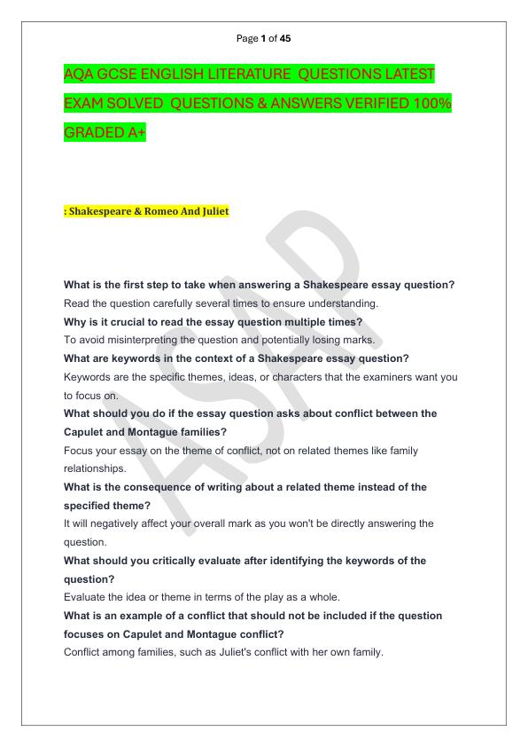 AQA GCSE ENGLISH LITERATURE  QUESTIONS LATEST EXAM SOLVED  QUESTIONS & ANSWERS VERIFIED 100%  GRADED A+