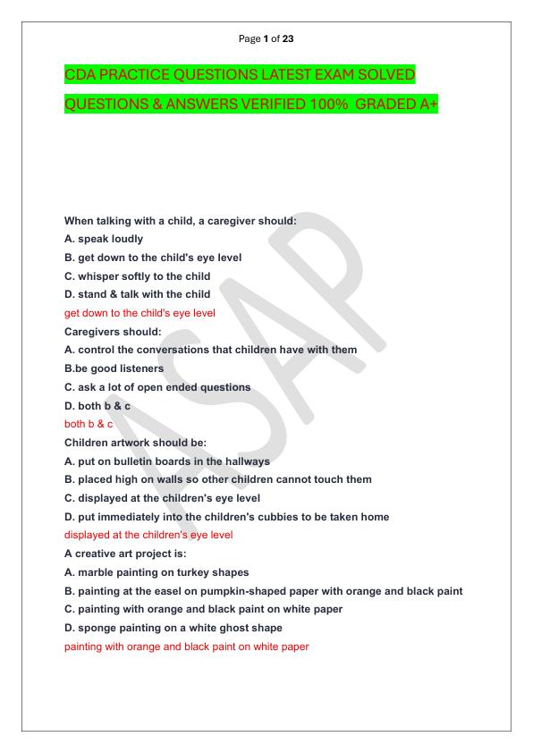 CDA PRACTICE QUESTIONS LATEST EXAM SOLVED  QUESTIONS & ANSWERS VERIFIED 100%  GRADED A+