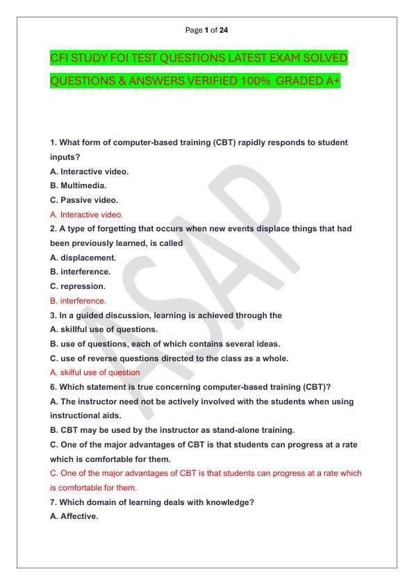 CFI STUDY FOI TEST QUESTIONS LATEST EXAM SOLVED  QUESTIONS & ANSWERS VERIFIED 100%  GRADED A+