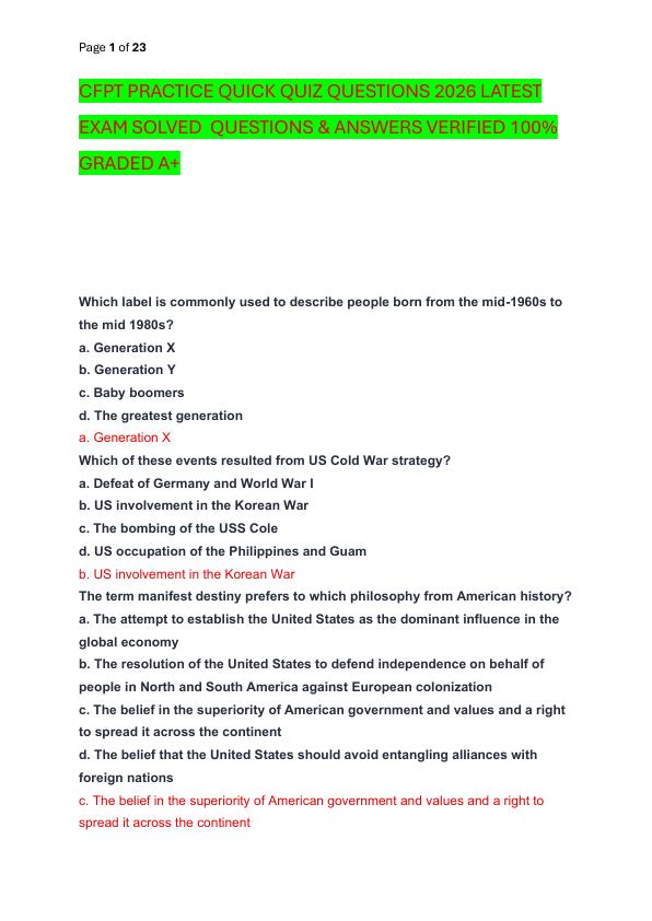 CFPT PRACTICE QUICK QUIZ QUESTIONS 2026 LATEST EXAM SOLVED  QUESTIONS & ANSWERS VERIFIED 100%  GRADED A+